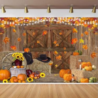 Imagem de CapiSco Cenário de outono para colheita de outono, dia de Ação de Graças, decoração de festa de chá de bebê, colheita de abóbora, palheiro, fundo de celeiro, porta de celeiro de madeira rústica, faixa