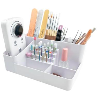 Imagem de Caixa organizadora de unhas, organizador de unhas profissional, estojo de armazenamento de arte de unhas com capacidade para 28 com compartimentos fixos, branco