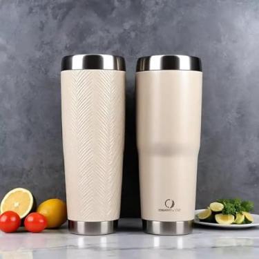 Imagem de Copo Térmico Parede Dupla em Aço Inox Bege 450ml com Canudo - Estilo Texturizado