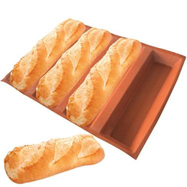 Imagem de Formas de pão de silicone para cachorro quente da Bluedrop, moldes de sanduíche para assar, folhas de eclair Hot Dog Moulds, Laranja, 4 Caves 12" Hot Dog Shape, 1