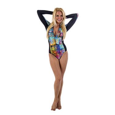Imagem de Traje de banho de manga comprida com zíper Slipins SurfSkin Mini com proteção UV para surfe, natação, mergulho, snorkeling, esportes aquáticos, Pixelated, Small