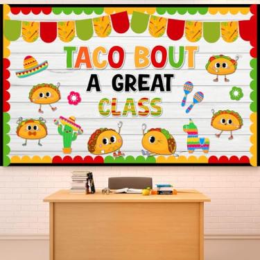 Imagem de Taco Bout a Great Class Conjunto de quadro de avisos mexicano Fiesta De Mayo Decoração de sala de aula volta às aulas Tacos temáticos México recortes de papel para quadro-negro escolar decoração de