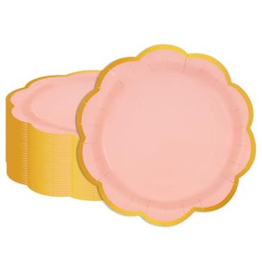 Imagem de EVYIENEN 50 peças de pratos de papel recortados rosa claro, 17,8 cm de folha dourada descartáveis, pratos de festa para bolo, sobremesa, aniversário, casamento, chá de bebê, decorações de festa