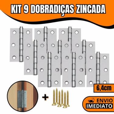 Imagem de Kit 9 Dobradiças Zincada Para Porta De Madeira 6,4cm - Orion