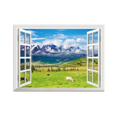 Imagem de Quadro de Parede Janela Falsa-Paisagens Impressões em Tela-Nuvens Grassland Animal-Natureza Pinturas Decoração 50x70cm-19x27in Sem Moldura