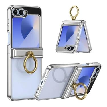 Imagem de Capa de celular para Samsung Galaxy Z Flip 6 5 4 3 Flip6 Flip5 Flip4 Flip3 com anel de galvanoplastia e dobradiça, capa protetora rígida (para Samsung Galaxy Z Flip 5/prateada)