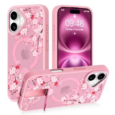 Imagem de AIGOMARA Suporte magnético para iPhone 16, design estético bonito floral rosa para mulheres e meninas, compatível com Magsafe, capa protetora fina translúcida fosca com suporte para celular