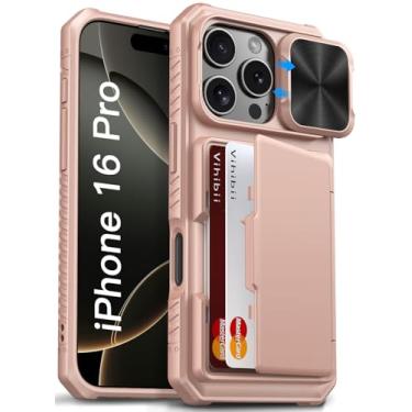 Imagem de Vihibii Capa carteira para iPhone 16 Pro com suporte para cartão (4 cartões) [bloqueio RFID] e capa de câmera deslizante, proteção contra quedas de nível militar, traseira robusta e borda de silicone,