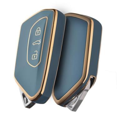 Imagem de ELOHEI Capa de chave para Volkswagen, capa de chave de carro TPU compatível com VW Golf 8, ID3, ID4, GTI, GTE, Seat Leon MK4, Tarraco, Ateca e Skoda Octavia (borda dourada azul)