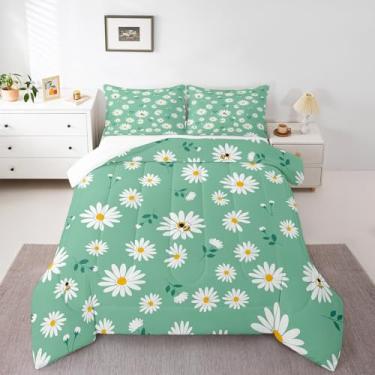 Imagem de Conjunto de edredom casal, margarida e abelha, para decoração de quarto de meninas, mulheres, adultos, crianças, verde e branco, com 2 fronhas