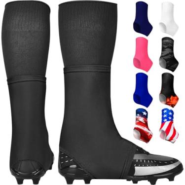Imagem de Exxact Sports Capas de chuteira de futebol Spats – Mantenha seus cadarços amarrados e chuteiras limpos, futebol americano para chuteiras, perfeito para beisebol, futebol, lacrosse, hóquei (preto