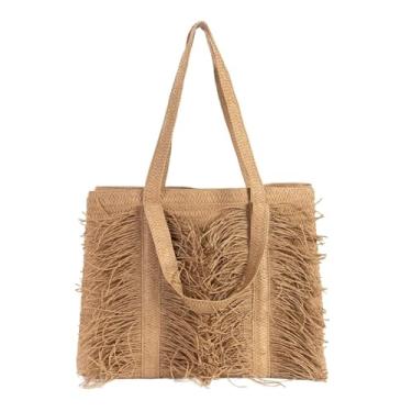 Imagem de GJHFCXSO Bolsas de Palha Femininas Bolsas de Praia com Borlas Bolsas de Ombro de Tecido Bolsas Grandes de Verão Para Viagens e FéRias,Brown