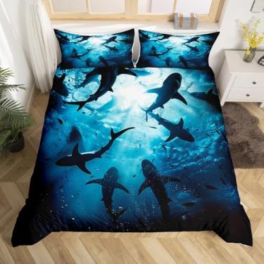 Imagem de Erosebridal Capa de edredom de tubarão 3D, King, meninos, tubarão, jogo de cama de caça, vida marinha, criatura náutica, para adultos, conjunto de cama de microfibra de verão peixe oceano, 2 peças
