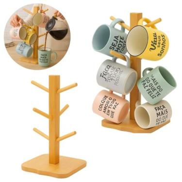 Imagem de 5 Suportes Organizador De Bambu P/ Canecas Xícaras 6 Ganchos - Worldcl