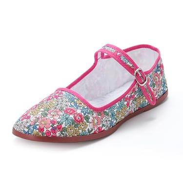 Imagem de SAEEKO Sapatilhas femininas clássicas da China, sapatos casuais de boneca chinesa, sapatos de algodão Mary Janes, sapatos chineses de tai chi, chinelos de verão de pano fofos, Flor rosa, 9.5