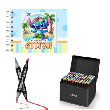 Imagem de Kit Livro De Colorir Stitch Capa Dura + Canetinhas Coloridas Touch Marca Texto De 24 a 120 Cores e Tamanhos, Ponta Dupla (0,1mm e 6,0mm) – ideal para traços finos e áreas grandes (Livro + 120 Canetas)
