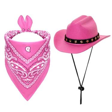 Imagem de Fumwase Fantasia de cowboy para animais de estimação, fantasias de Halloween para cães, gatos, chapéus de caubói com bandana cachecol, acessórios de fantasia para cães e gatos (rosa, pequeno)