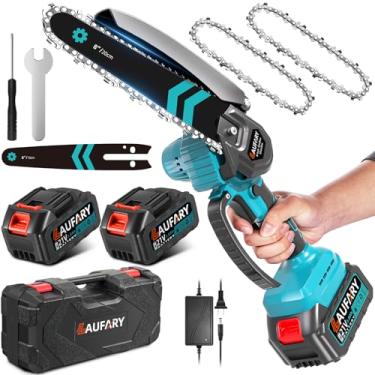 Imagem de Laufary Mini Motosserra Sem Fio De 8 Polegadas, Elétrica Portátil Com 2 Baterias Grandes 3000 Mah, Ferramentas Jardim Alimentadas Por Bateria Para Corte Madeira E Poda Árvores, Melhores Presentes Pa