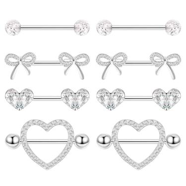 Imagem de Vegolita 4 pares de anéis de mamilo de titânio 14G G23 para mulheres, coração, barra e língua, conjunto de anéis de mamilo, zircônia cúbica, lindo laço, mamilos, piercing de joias, Titânio, Zircônia