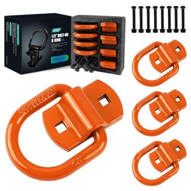 Imagem de QYMOPAY 4 anéis D de aço resistente de ancoragem de 1,27 cm, âncoras de amarração de 5443 kg para trailers, caminhões, vans, trailers, motos, caiaques, barcos e quadriciclos (laranja)