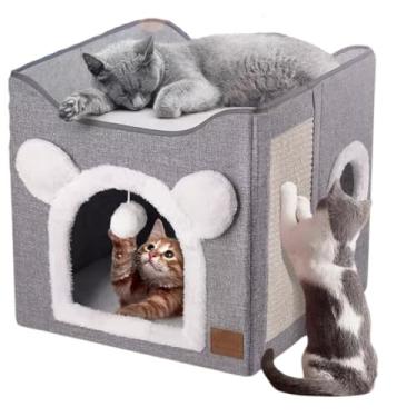 Imagem de Casa para Gatos Dobrável, Arranhador com Sisal, Brinquedo Interativo com Bolinha, Design Compacto