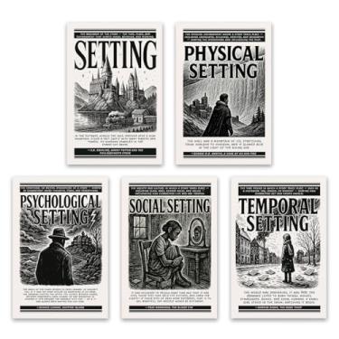 Imagem de 5 peças de pôsteres de elementos literários para sala de aula de inglês, preto e branco livros famosos literatura elementos biblioteca homeschool impressões, configuração temática de estudo