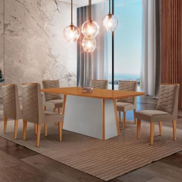 Imagem de Mesa De Jantar Diane 180cm Tampo Mdf Lam 6 Cadeiras Safira Moderna Veludo Capuccino Naturale Off White