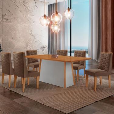 Imagem de Mesa De Jantar Diane 180cm Tampo Mdf Lam 6 Cadeiras Safira Moderna Veludo Marrom Naturalle Off White
