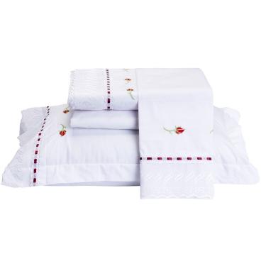 Imagem de Jogo De Lençol Yasmin Queen 4 Peças Percal 200 Fios 100% Algodão Bordado Floral - Branco
