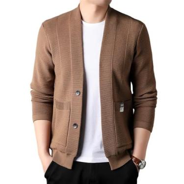 Imagem de Jaqueta De Malha Masculina De Cor Sólida Com Decote Em V Jaqueta Casual Botão Placket Com Bolsos Cardigã Masculino Primavera Outono Transição Homens Manga Comprida, E-orange, M