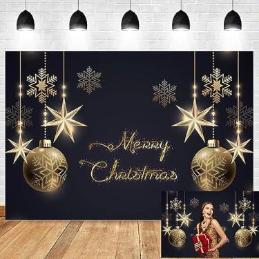 Imagem de DORCEV Faixa de fundo Merry Christmas, 3,7 x 3 m, decoração de festa de Natal em ouro preto, fundo fotográfico, dourado, cor metálica, bolas de Natal, flocos de neve de inverno, férias, festa familiar