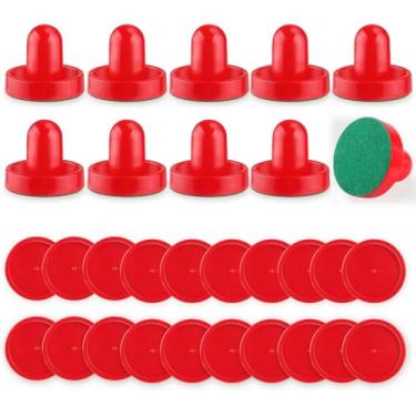Imagem de BOSMIOW 5 conjuntos de discos de hóquei de ar de plástico vermelho, mini empurrador de alças de gol de mesa de sinuca, acessórios de substituição de remos para mesas de jogos, 10 empurradores, 20