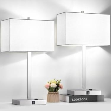 Imagem de Conjunto de 2 lâmpadas de mesa com controle de toque de 53 cm com 2 saídas USB e CA, lâmpadas modernas de mesa de cabeceira reguláveis de 3 vias para quarto, sala de estar, escritório, lâmpadas de