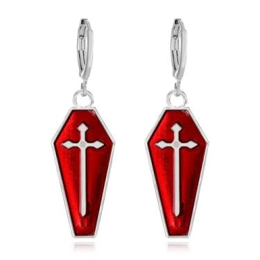 Imagem de YasiIm Brincos de Halloween personalizados de liga geométrica, brincos góticos, punk, crânio, cruz, caixão, brincos de argola para mulheres, Small, Metal, Sem pedra preciosa