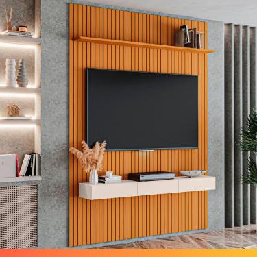 Imagem de Painel Para Tv Até 70 Polegadas 1,80x2,40m Ripado Com Nicho Arbo Cedro/off White Edn Nature