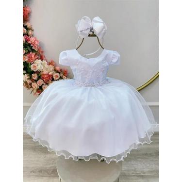 Imagem de Vestido Infantil Branco Busto Bordado Flores e Pérolas Daminha - Fabul