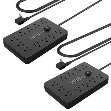 Imagem de Pacote com 2 protetores de linha JouleLoom com 11 tomadas, 4 portas USB e 2 portas USB C, cabo de extensão de 1,8 m, plugue plano, suporte de parede, proteção contra sobrecarga, estação de