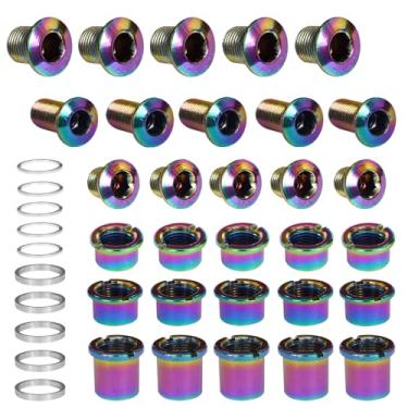 Imagem de Pirhosigma Parafusos coloridos de anel de corrente simples/duplos/triplos, 5 peças para cada disco e porcas de pedaleira coloridas + 10 arruelas prateadas adequadas para bicicleta de estrada mountain