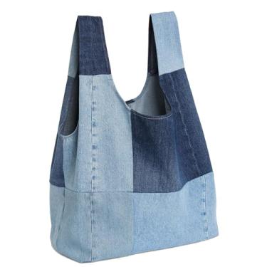 Imagem de ALOLBAG Bolsa feminina de compras jeans grande, estilo casual, leve, envelhecida, bolsa de compras, Azul, 3G