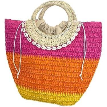 Imagem de Bolsa De Praia Verão Bolsas De Palha Artesanal Para Mulheres Bolsas Rattan Boho Cesta De Cordão Bolsa Grande Tecido Top Handle Crochet Totes, Style Three, 37x8x27cm