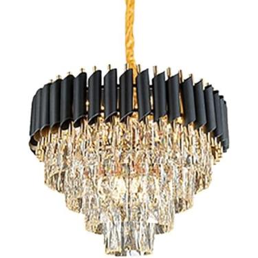 Imagem de E14 Lustre De Cristal Redondo Iluminação, Cristal Moderno Durante A Luz Ajustável Altura Luminária De Teto Para Quarto Corredor Bar Cozinha, Nero E Oro, 40 * 35cm
