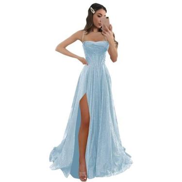 Imagem de Vestido de baile LANGKAAO, longo, com alças espaguete, glitter, azul c