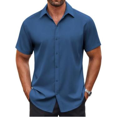 Imagem de Camisa social casual COOFANDY sem rugas de manga curta masculina azul 