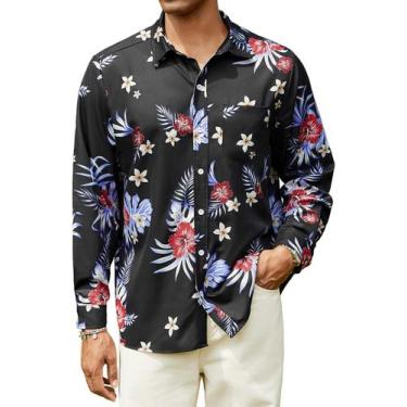 Imagem de Camisa masculina Hardaddy Tropical Floral preta de manga comprida L