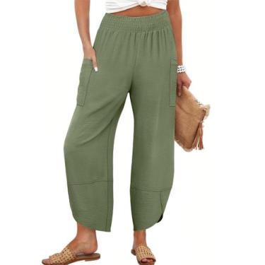 Imagem de Calça Capri ANRABESS 2025 Summer Wide Leg, verde militar para mulheres