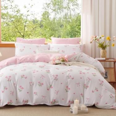 Imagem de Erwinmu Conjunto de edredom floral, tamanho Queen, 3 peças, rosa, branco, floral, tulipas, estampa reversível, cama queen em uma bolsa com flores, edredom e 2 fronhas