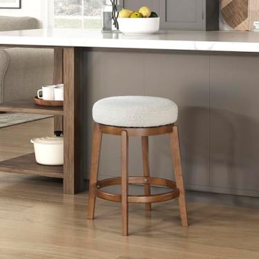 Imagem de Lexicon Banco de bar giratório de meados do século, assento estofado branco e moldura de madeira maciça, costas nuas, banco giratório de 360 graus para ilha de cozinha e assentos de bar domésticos