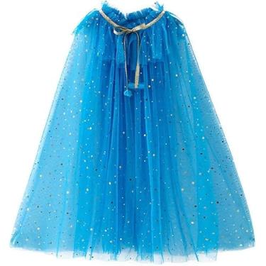 Imagem de Moslyn Vestido de capa para meninas, casaco combinando de princesa, casamento, festa de aniversário, Halloween, estrela, lantejoulas, capa de verão, fantasias para meninas, vestido infantil (grande, azul escuro)