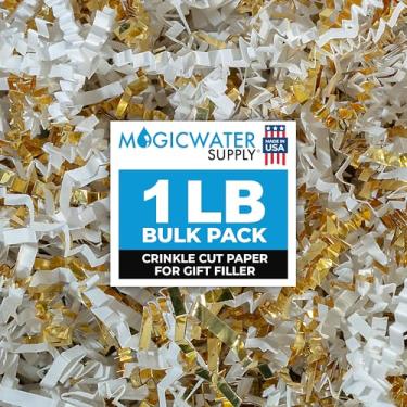 Imagem de MagicWater Supply Enchimento de papel cortado enrugado (450 g) para embalagem de presente e enchimento de cesta - branco e dourado
