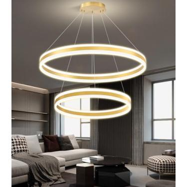 Imagem de Lustre de anel moderno D23,6 pol. + 80 cm para sala de jantar LED regulável lustre de teto alto para sala de estar, hall de entrada, quarto, entrada 3000K-6000K ouro
